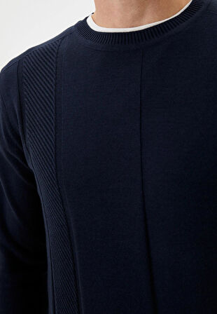 Erkek Triko Lacivert Bisiklet Yaka Desenli Slim Fit Pamuklu Kazak NCS JEANS 3743