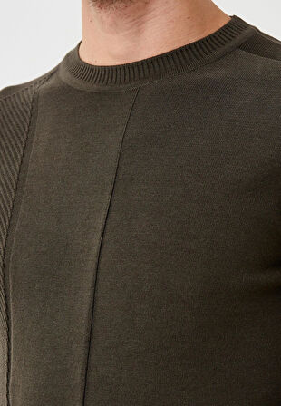 Erkek Triko Haki Bisiklet Yaka Desenli Slim Fit Pamuklu Kazak NCS JEANS 3743