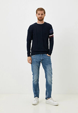 Erkek Triko Lacivert Bisiklet Yaka Desenli Slim Fit Pamuklu Kazak NCS JEANS 3743