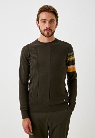 Erkek Triko Haki Bisiklet Yaka Desenli Slim Fit Pamuklu Kazak NCS JEANS 3743