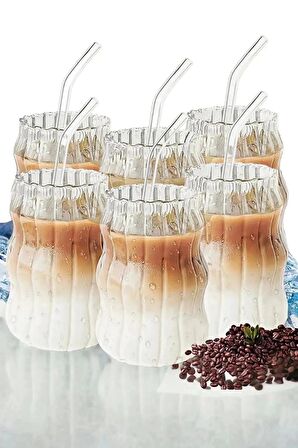 6'lı Pipetli Sukabağı Şekli Latte Bardak Seti Iskandinav Tarz Cam Bardak