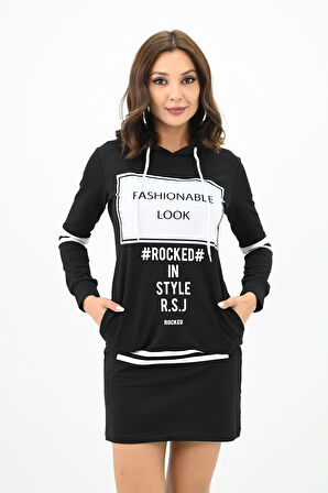 Kadın Kapüşonlu Baskılı  Sweat Elbise 7004