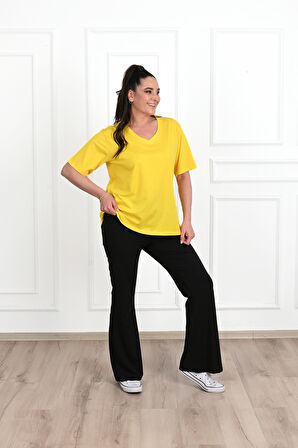 Kadın V Yaka Basic Büyük Beden T-Shirt 1297-22