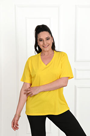 Kadın V Yaka Basic Büyük Beden T-Shirt 1297-22