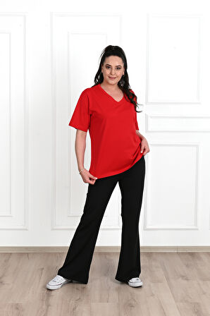 Kadın V Yaka Basic Büyük Beden T-Shirt 1297-22