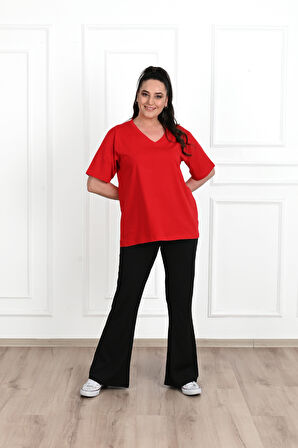 Kadın V Yaka Basic Büyük Beden T-Shirt 1297-22
