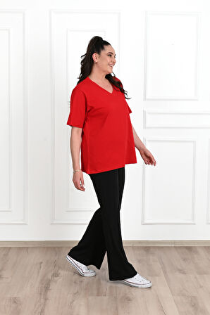 Kadın V Yaka Basic Büyük Beden T-Shirt 1297-22