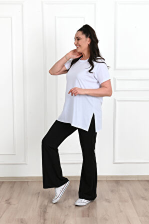 Kadın Bisiklet Yaka Yırtmaç Detaylı Büyük Beden Tshirt 9633-22