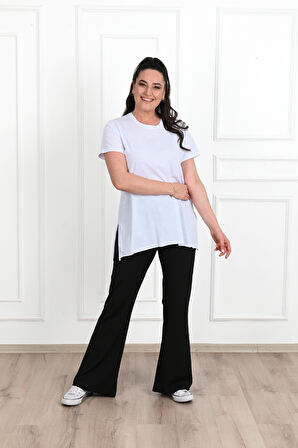 Kadın Bisiklet Yaka Yırtmaç Detaylı Büyük Beden Tshirt 9633-22