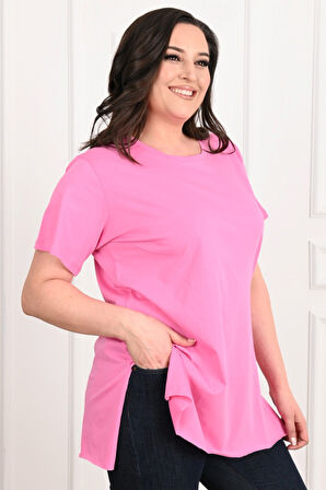 Kadın Bisiklet Yaka Yırtmaç Detaylı Büyük Beden Tshirt 9633-22