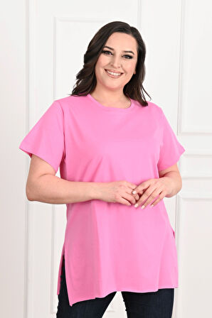 Kadın Bisiklet Yaka Yırtmaç Detaylı Büyük Beden Tshirt 9633-22