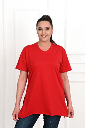 Kadın V Yaka Yırtmaçlı Büyük Beden T-shirt 1199-22