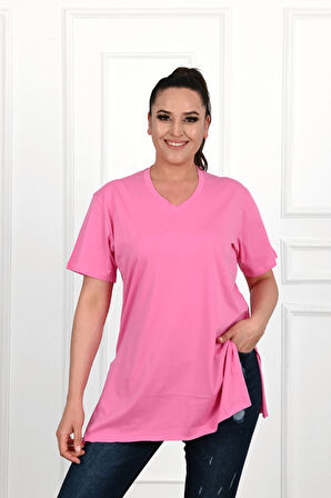 Kadın V Yaka Yırtmaçlı Büyük Beden T-shirt 1199-22