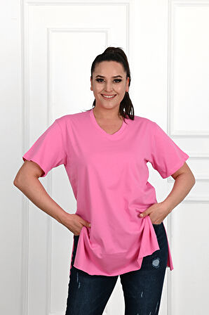 Kadın V Yaka Yırtmaçlı Büyük Beden T-shirt 1199-22