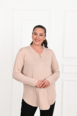 Kadın Yarım Fermuar Detaylı Büyük Beden Bluz 1387-23