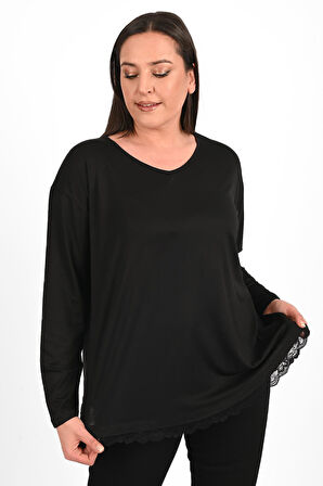 Kadın Etek Ucu Güpür Dantel Detaylı Büyük Beden Bluz 1386-23