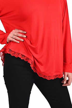 Kadın Etek Ucu Güpür Dantel Detaylı Büyük Beden Bluz 1386-23