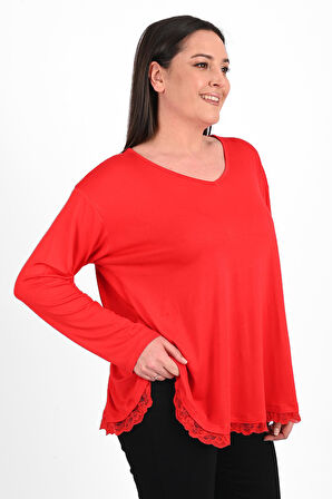 Kadın Etek Ucu Güpür Dantel Detaylı Büyük Beden Bluz 1386-23
