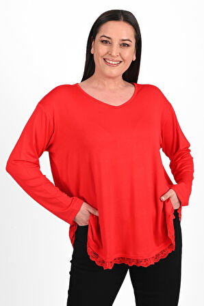 Kadın Etek Ucu Güpür Dantel Detaylı Büyük Beden Bluz 1386-23