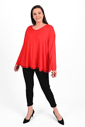 Kadın Etek Ucu Güpür Dantel Detaylı Büyük Beden Bluz 1386-23