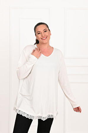 Kadın Etek Ucu Güpür Dantel Detaylı Büyük Beden Bluz 1386-23