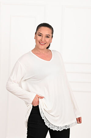 Kadın Etek Ucu Güpür Dantel Detaylı Büyük Beden Bluz 1386-23