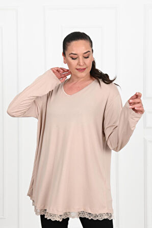 Kadın Etek Ucu Güpür Dantel Detaylı Büyük Beden Bluz 1386-23