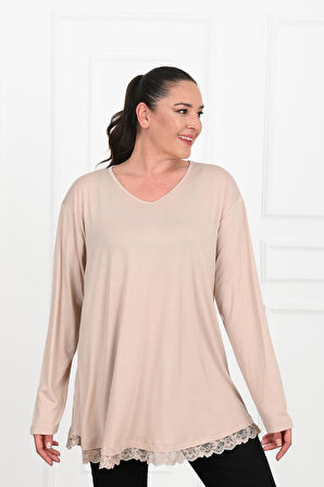 Kadın Etek Ucu Güpür Dantel Detaylı Büyük Beden Bluz 1386-23