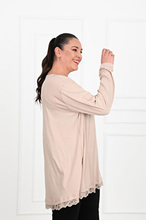 Kadın Etek Ucu Güpür Dantel Detaylı Büyük Beden Bluz 1386-23