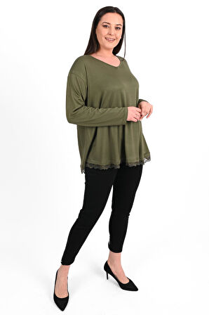 Kadın Etek Ucu Güpür Dantel Detaylı Büyük Beden Bluz 1386-23