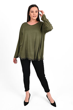 Kadın Etek Ucu Güpür Dantel Detaylı Büyük Beden Bluz 1386-23