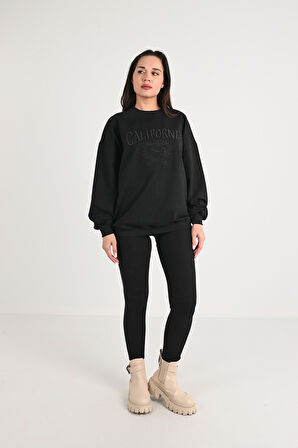 Kadın California Yazı Nakış Baskılı Uzun Kollu Eşofman Takımı 3660-23