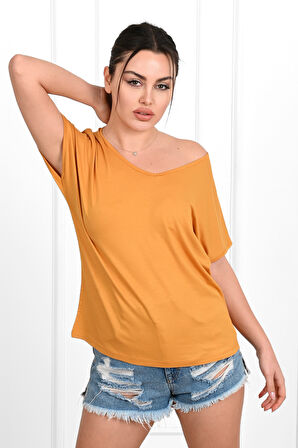 Kadın V Yaka Kısa Kollu T-shirt 1478-23