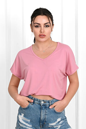 Kadın V Yaka Kısa Kollu T-shirt 1478-23