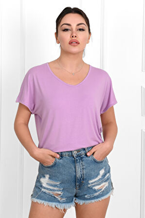 Kadın V Yaka Kısa Kollu T-shirt 1478-23