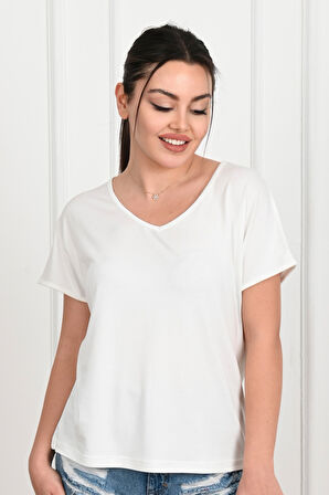 Kadın V Yaka Kısa Kollu T-shirt 1478-23
