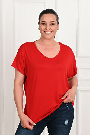 Kadın V Yaka Büyük Beden T-shirt 1486-23