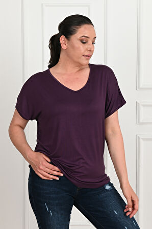 Kadın V Yaka Büyük Beden T-shirt 1486-23