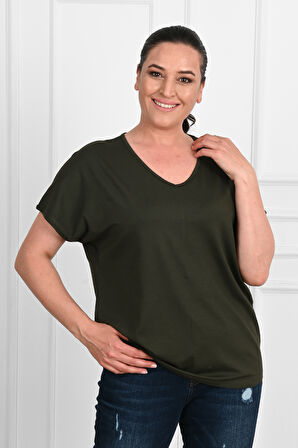 Kadın V Yaka Büyük Beden T-shirt 1486-23