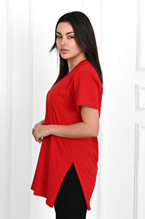 Kadın V yaka Yırtmaçlı  T-Shirt 8783-22