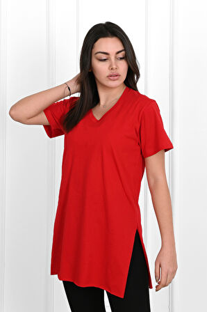 Kadın V yaka Yırtmaçlı  T-Shirt 8783-22