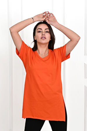 Kadın V yaka Yırtmaçlı  T-Shirt 8783-22