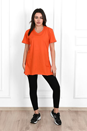 Kadın V yaka Yırtmaçlı  T-Shirt 8783-22