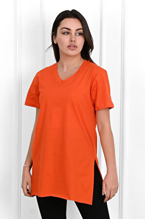 Kadın V yaka Yırtmaçlı  T-Shirt 8783-22