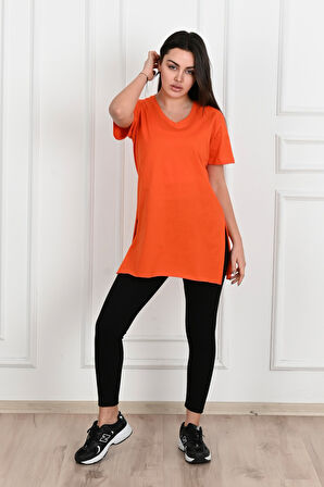 Kadın V yaka Yırtmaçlı  T-Shirt 8783-22