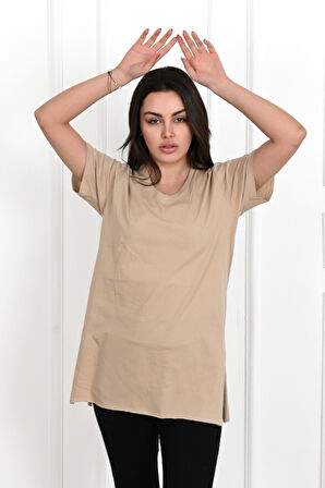 Kadın V yaka Yırtmaçlı  T-Shirt 8783-22