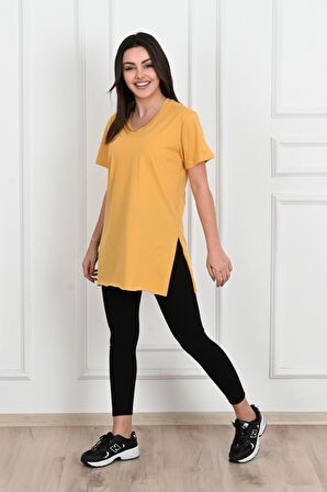 Kadın V yaka Yırtmaçlı  T-Shirt 8783-22