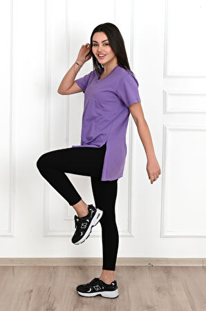 Kadın V yaka Yırtmaçlı  T-Shirt 8783-22