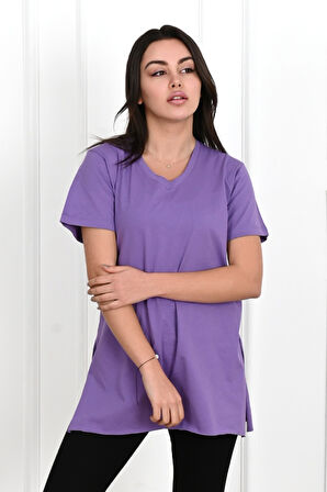 Kadın V yaka Yırtmaçlı  T-Shirt 8783-22