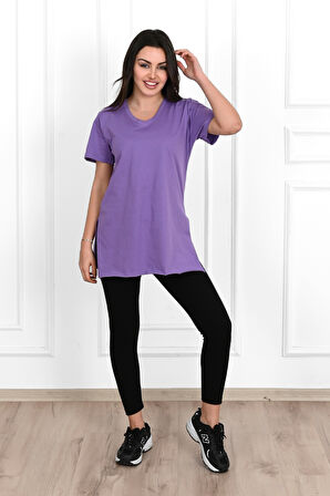 Kadın V yaka Yırtmaçlı  T-Shirt 8783-22